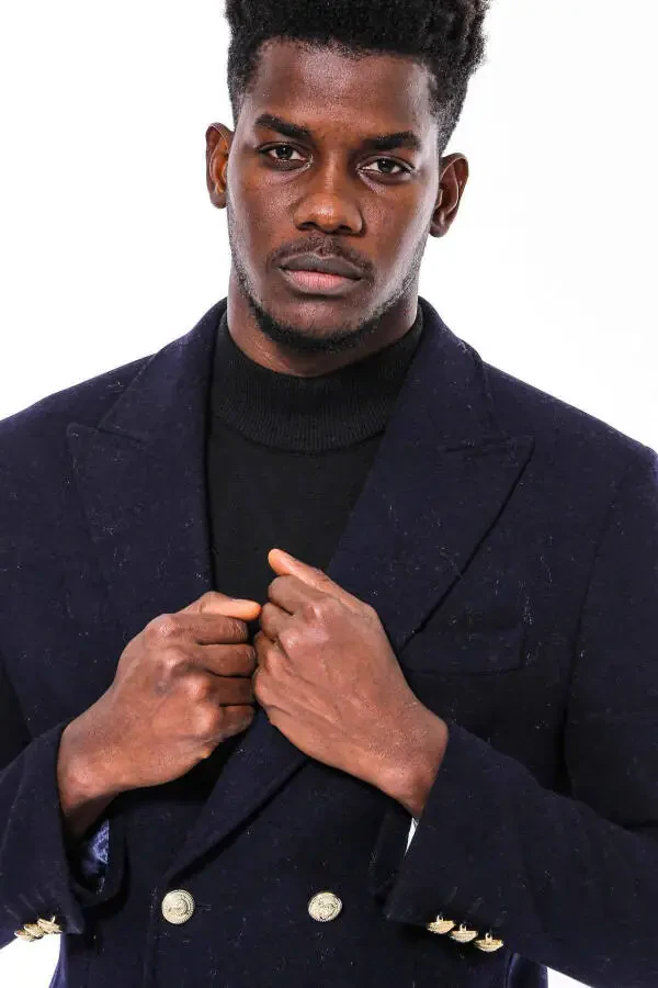 Navy blue double-breasted coat with metal buttons - Wessi - 6