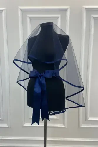 Navy Blue Edged Bridal Veil Set - EDGEDNAVY - 3
