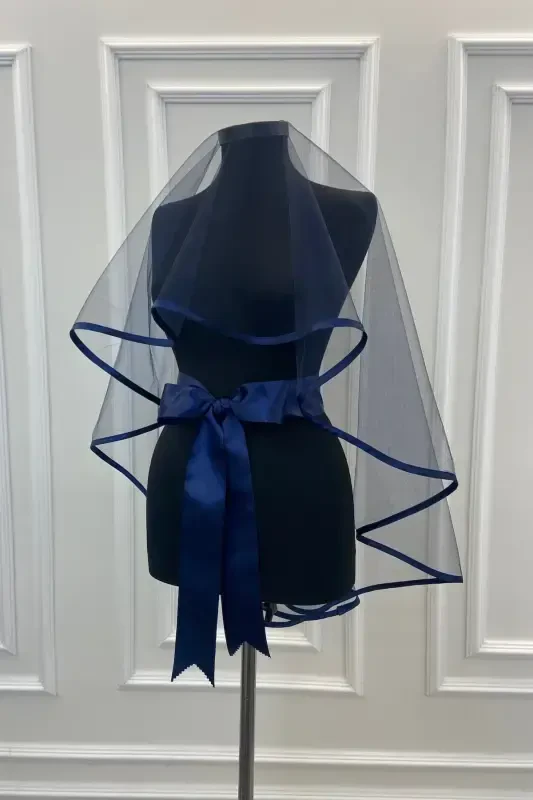 Navy Blue Edged Bridal Veil Set - EDGEDNAVY - 3