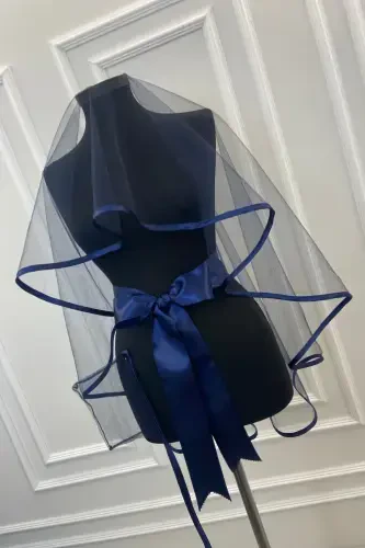 Navy Blue Edged Bridal Veil Set - EDGEDNAVY - 4