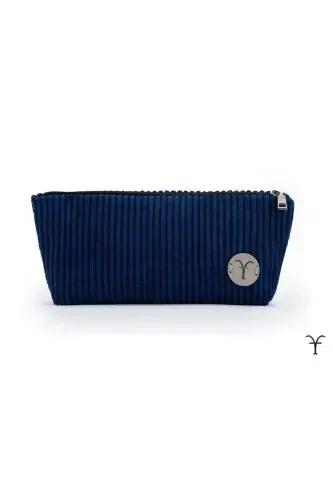 Navy Blue Elegant Handmade Thick Corduroy Velvet Makeup Bag-Navy - AFTARIES (1)