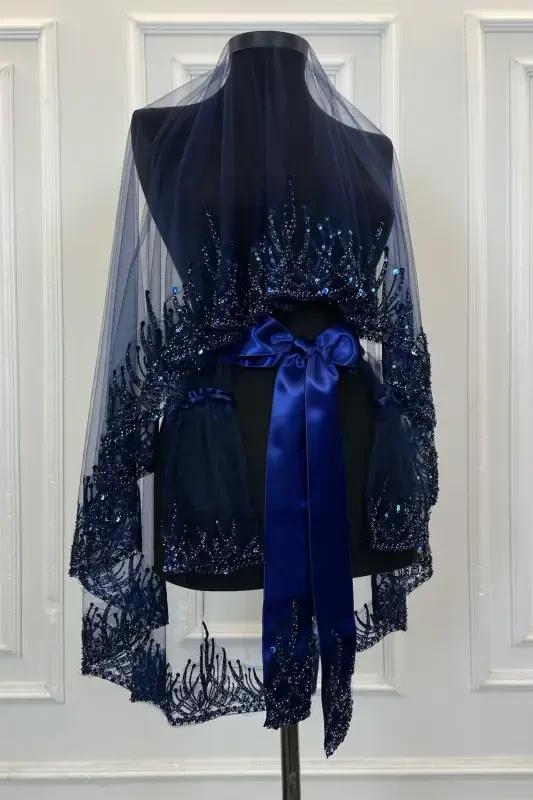 Navy Blue Flame Pattern Bridal Veil Set, Sequined Beaded Rhinestone Henna Veil Set 6 Pieces-Navy Blue - 1