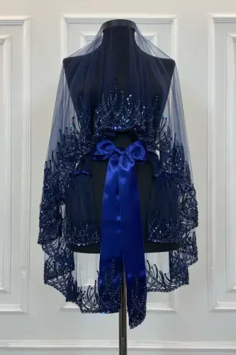 Navy Blue Flame Pattern Bridal Veil Set, Sequined Beaded Rhinestone Henna Veil Set 6 Pieces-Navy Blue - 2