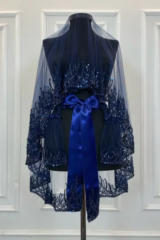 Navy Blue Flame Pattern Bridal Veil Set, Sequined Beaded Rhinestone Henna Veil Set 6 Pieces-Navy Blue - 2