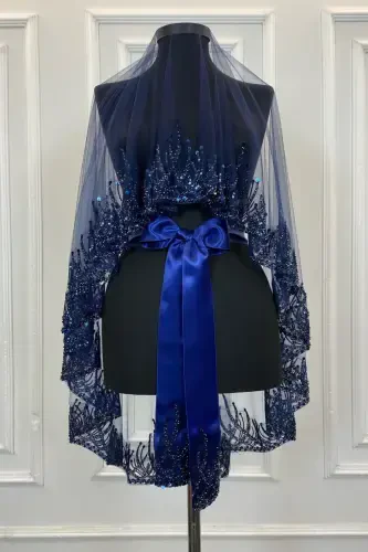 Navy Blue Flame Pattern Bridal Veil Set, Sequined Beaded Rhinestone Henna Veil Set 6 Pieces-Navy Blue - 6