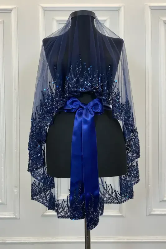 Navy Blue Flame Pattern Bridal Veil Set, Sequined Beaded Rhinestone Henna Veil Set 6 Pieces-Navy Blue - 6