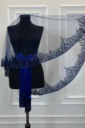 Navy Blue Flame Pattern Bridal Veil Set, Sequined Beaded Rhinestone Henna Veil Set 6 Pieces-Navy Blue - 7