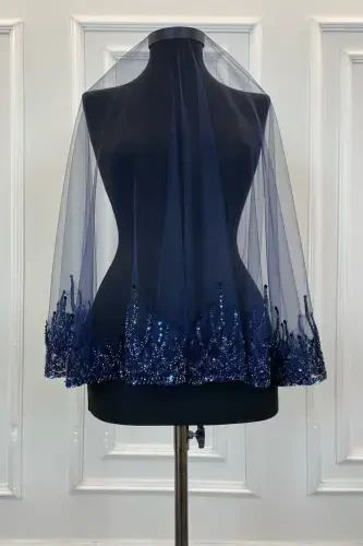 Navy Blue Flame Pattern Bridal Veil Set, Sequined Beaded Rhinestone Henna Veil Set 6 Pieces-Navy Blue - 8