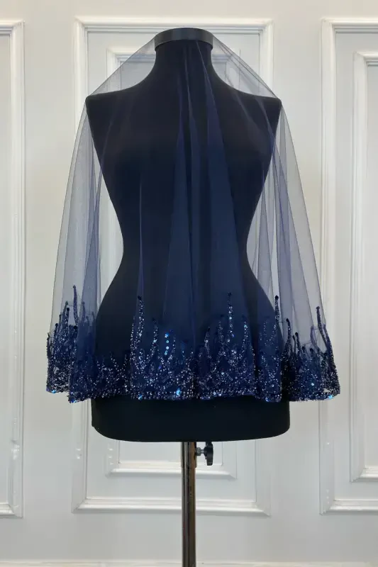 Navy Blue Flame Pattern Bridal Veil Set, Sequined Beaded Rhinestone Henna Veil Set 6 Pieces-Navy Blue - 8