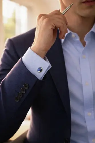 Navy Blue Flat Round Cufflinks - Navy Blue - HATEMOĞLU (1)