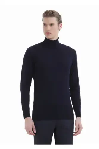 Navy Blue Full Fisherman's Rib Plain Knit 100% Wool Sweater - 1