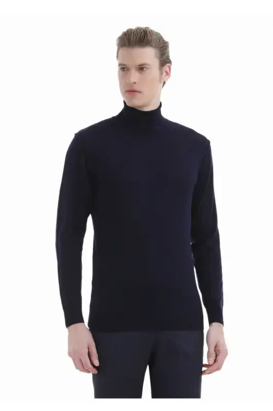 Navy Blue Full Fisherman's Rib Plain Knit 100% Wool Sweater - RAMSEY
