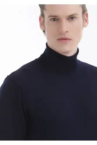 Navy Blue Full Fisherman's Rib Plain Knit 100% Wool Sweater - 3