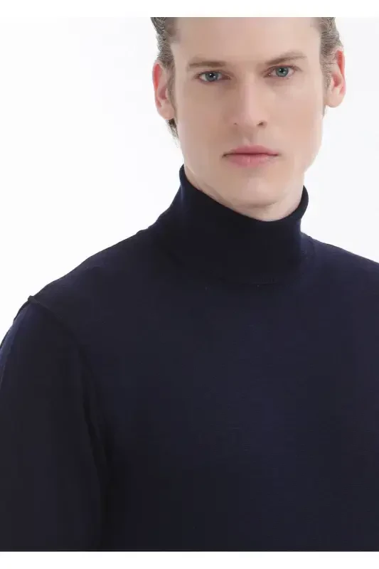 Navy Blue Full Fisherman's Rib Plain Knit 100% Wool Sweater - 3