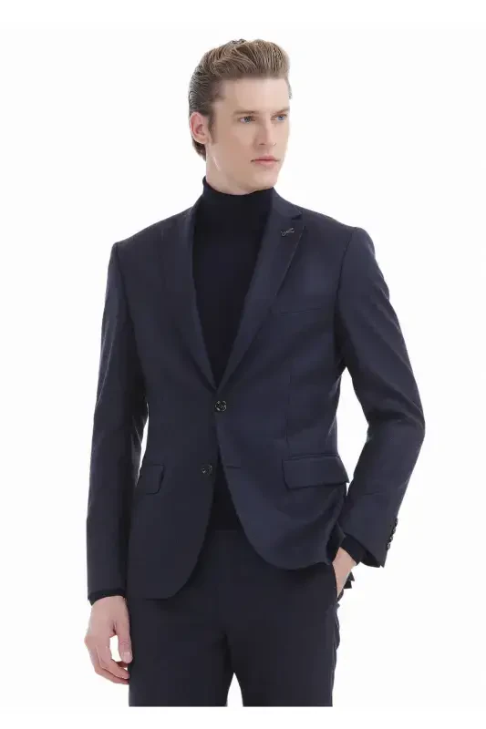 Navy Blue Full Fisherman's Rib Plain Knit 100% Wool Sweater - 4