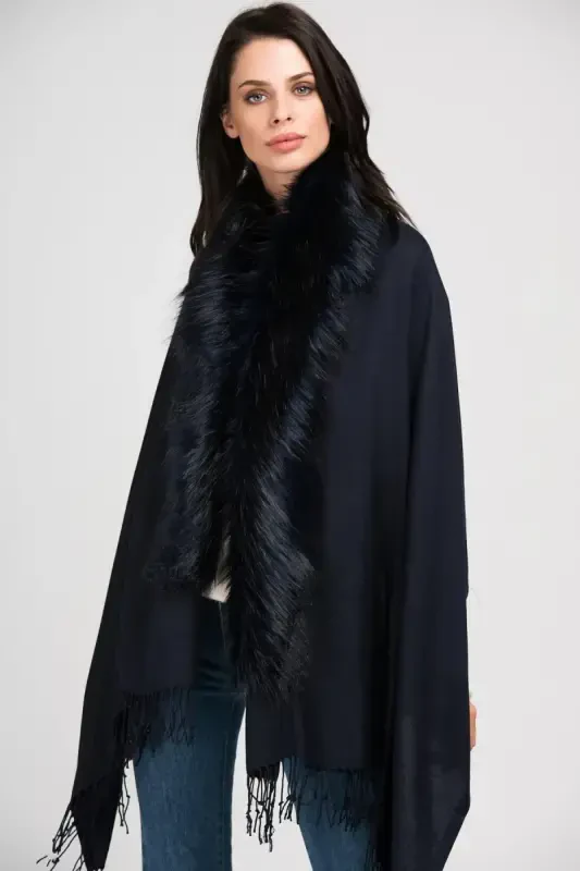 Navy Blue Fur Trimmed Poncho NW11293 - BÜYÜKBEDENIZ