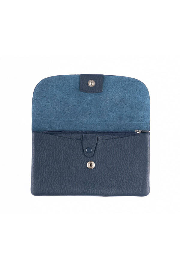 Navy blue genuine leather bag with snap closure, zipper and card slots, perfect for Mother's Day. - 2