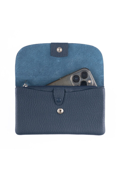 Navy blue genuine leather bag with snap closure, zipper and card slots, perfect for Mother's Day. - 3