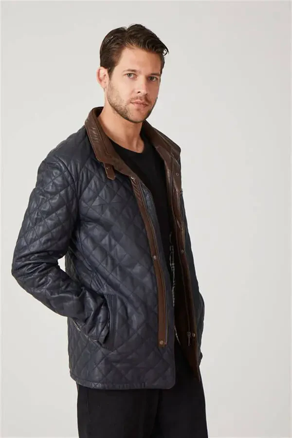 Navy blue genuine leather, quilted, lined, zippered men's coat. - 2