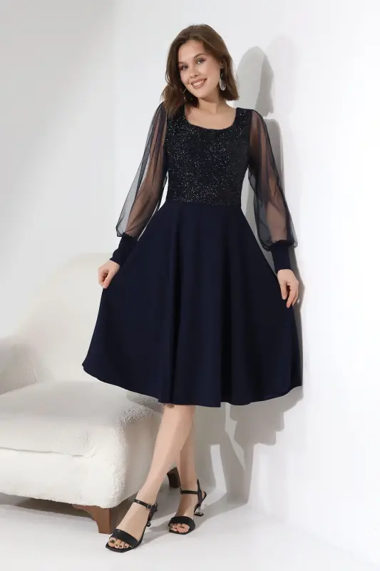 Navy Blue Glitter Round Neck Dress F119-NAVY - 2