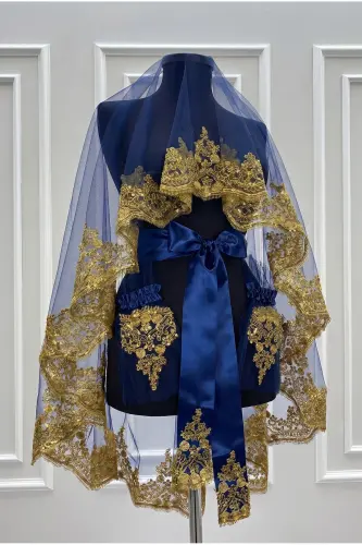 Navy Blue Gold Lace Bridal Henna Veil Set Wedding Henna Night Face Cover - NavyBlueGold 