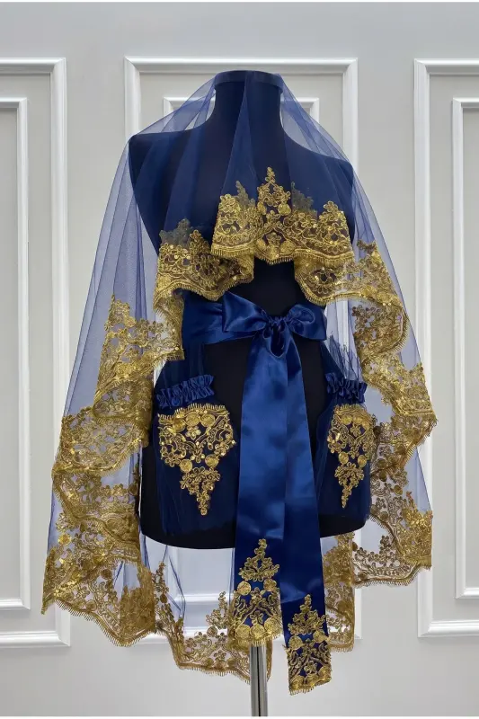 Navy Blue Gold Lace Bridal Henna Veil Set Wedding Henna Night Face Cover - NavyBlueGold - 1