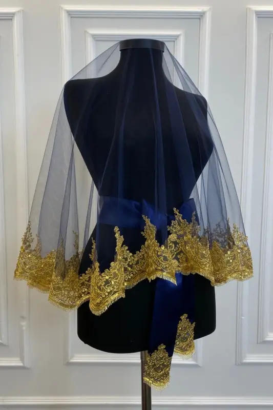 Navy Blue Gold Lace Bridal Henna Veil Set Wedding Henna Night Face Cover - NavyBlueGold - 2