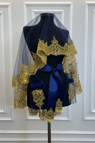 Navy Blue Gold Lace Bridal Henna Veil Set Wedding Henna Night Face Cover - NavyBlueGold - 3