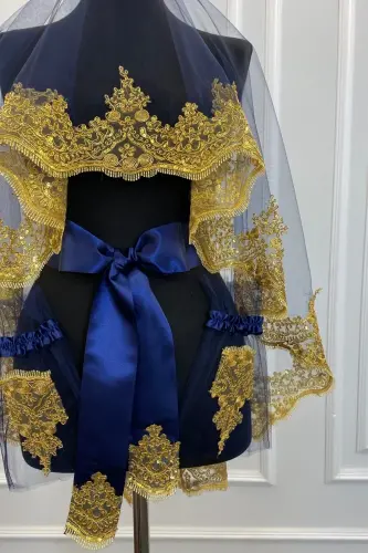 Navy Blue Gold Lace Bridal Henna Veil Set Wedding Henna Night Face Cover - NavyBlueGold - 4