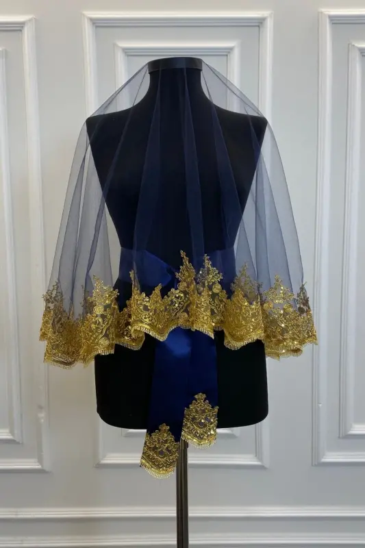 Navy Blue Gold Lace Bridal Henna Veil Set Wedding Henna Night Face Cover - NavyBlueGold - 5