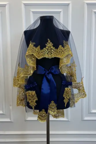 Navy Blue Gold Lace Bridal Henna Veil Set Wedding Henna Night Face Cover - NavyBlueGold - 6