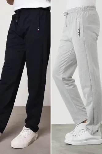 Navy Blue-Gray Men's Zipper Pocket Embroidery Detailed Straight Leg Relaxed Fit 2-Piece Sweatpants Set-Gray - 3