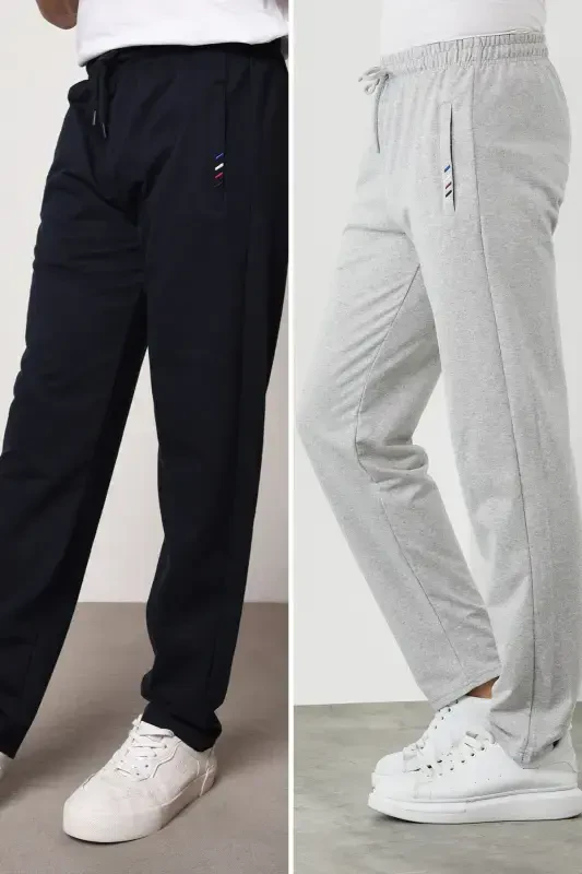 Navy Blue-Gray Men's Zipper Pocket Embroidery Detailed Straight Leg Relaxed Fit 2-Piece Sweatpants Set-Gray - 3