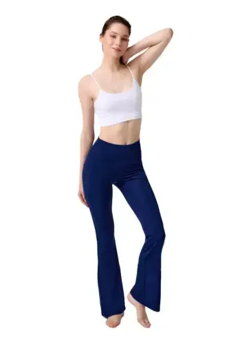 Navy Blue High Waist Double Pocket Flared Women's Leggings-Navy Blue - 1