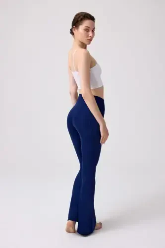 Navy Blue High Waist Double Pocket Flared Women's Leggings-Navy Blue - COTTONHILL (1)