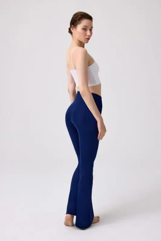 Navy Blue High Waist Double Pocket Flared Women's Leggings-Navy Blue - 2