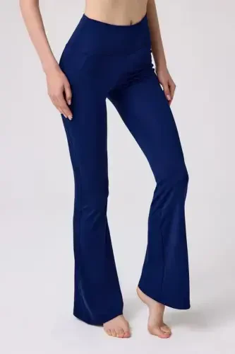 Navy Blue High Waist Double Pocket Flared Women's Leggings-Navy Blue - 3