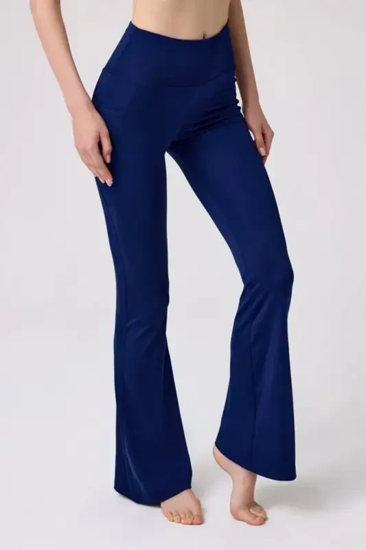 Navy Blue High Waist Double Pocket Flared Women's Leggings-Navy Blue - 3