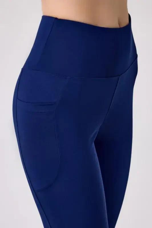 Navy Blue High Waist Double Pocket Flared Women's Leggings-Navy Blue - 4