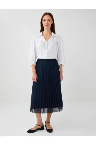 Navy Blue High Waisted Pleated Relaxed Fit Midi Skirt - 1