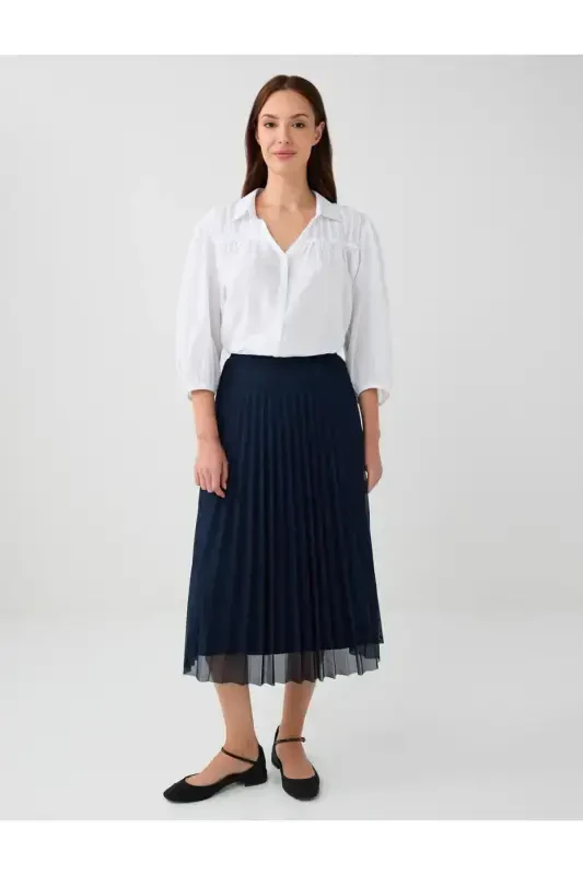 Navy Blue High Waisted Pleated Relaxed Fit Midi Skirt - JIMMY KEY
