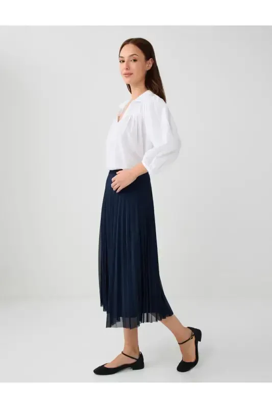 Navy Blue High Waisted Pleated Relaxed Fit Midi Skirt - 2