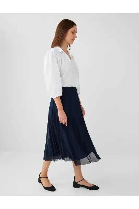 Navy Blue High Waisted Pleated Relaxed Fit Midi Skirt - 3