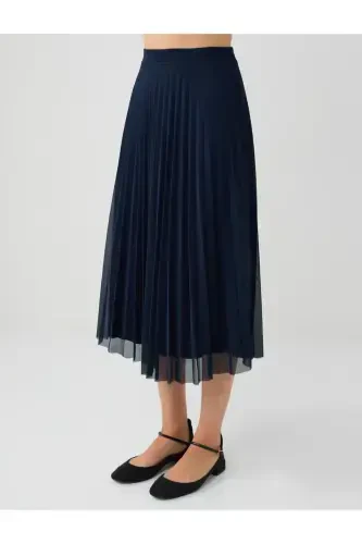 Navy Blue High Waisted Pleated Relaxed Fit Midi Skirt - 4