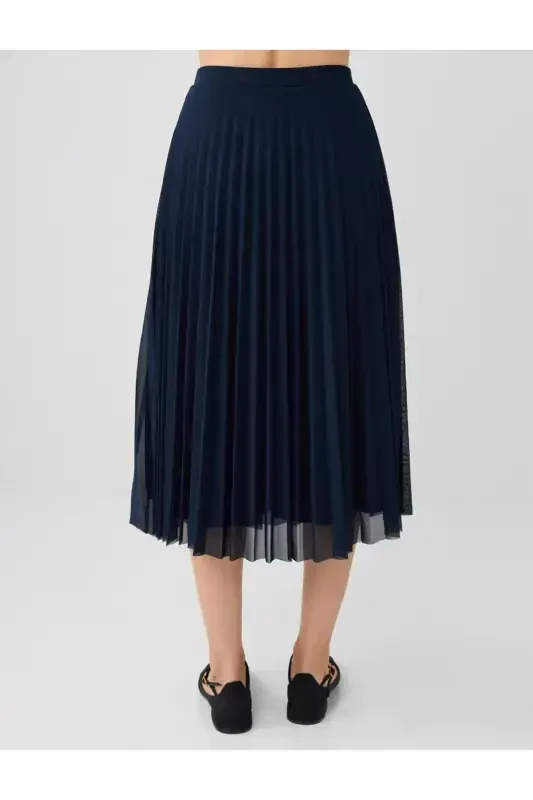 Navy Blue High Waisted Pleated Relaxed Fit Midi Skirt - 5