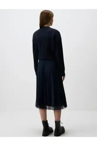 Navy Blue High Waisted Pleated Relaxed Fit Midi Skirt - 6