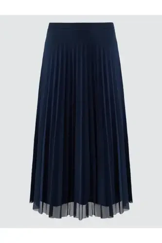 Navy Blue High Waisted Pleated Relaxed Fit Midi Skirt - 7