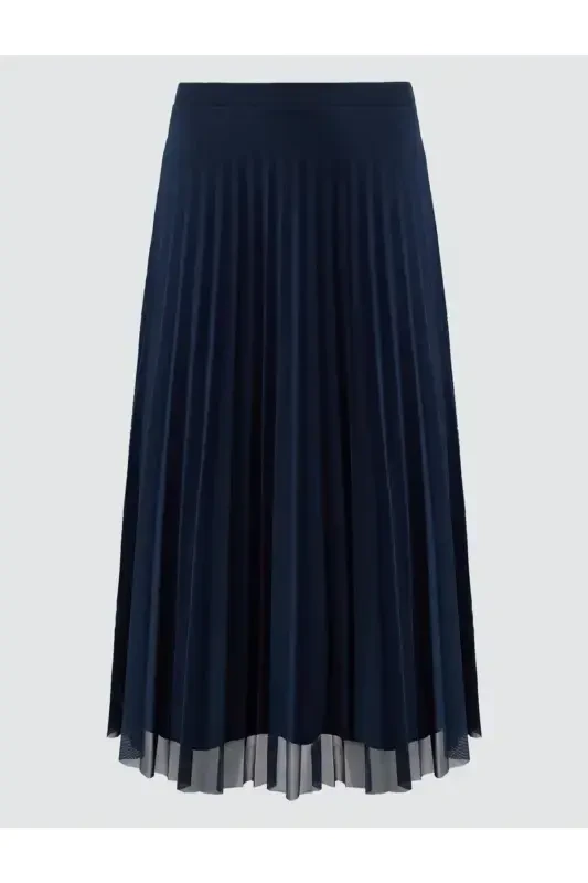 Navy Blue High Waisted Pleated Relaxed Fit Midi Skirt - 7