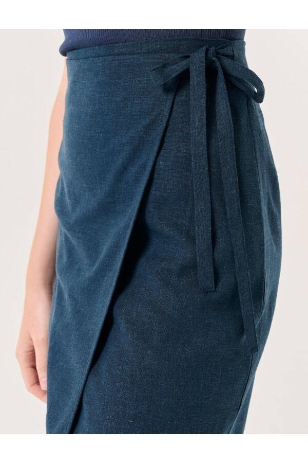 Navy Blue High Waisted Slit Midi Linen Skirt - 20