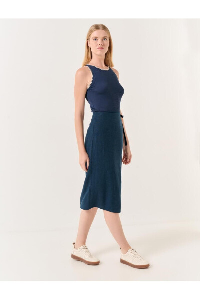 Navy Blue High Waisted Slit Midi Linen Skirt - 22